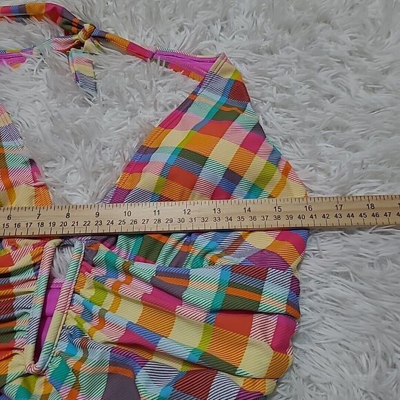 Into the Bleu by Amerex Women 14 Swimsuit One Piece Plaid Halter Plunge Monokini - Picture 8 of 9